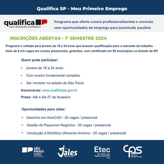 Em Jales, já estão abertas as incrições para cursos gratuitos do Qualifica SP “Meu Primeiro Emprego”