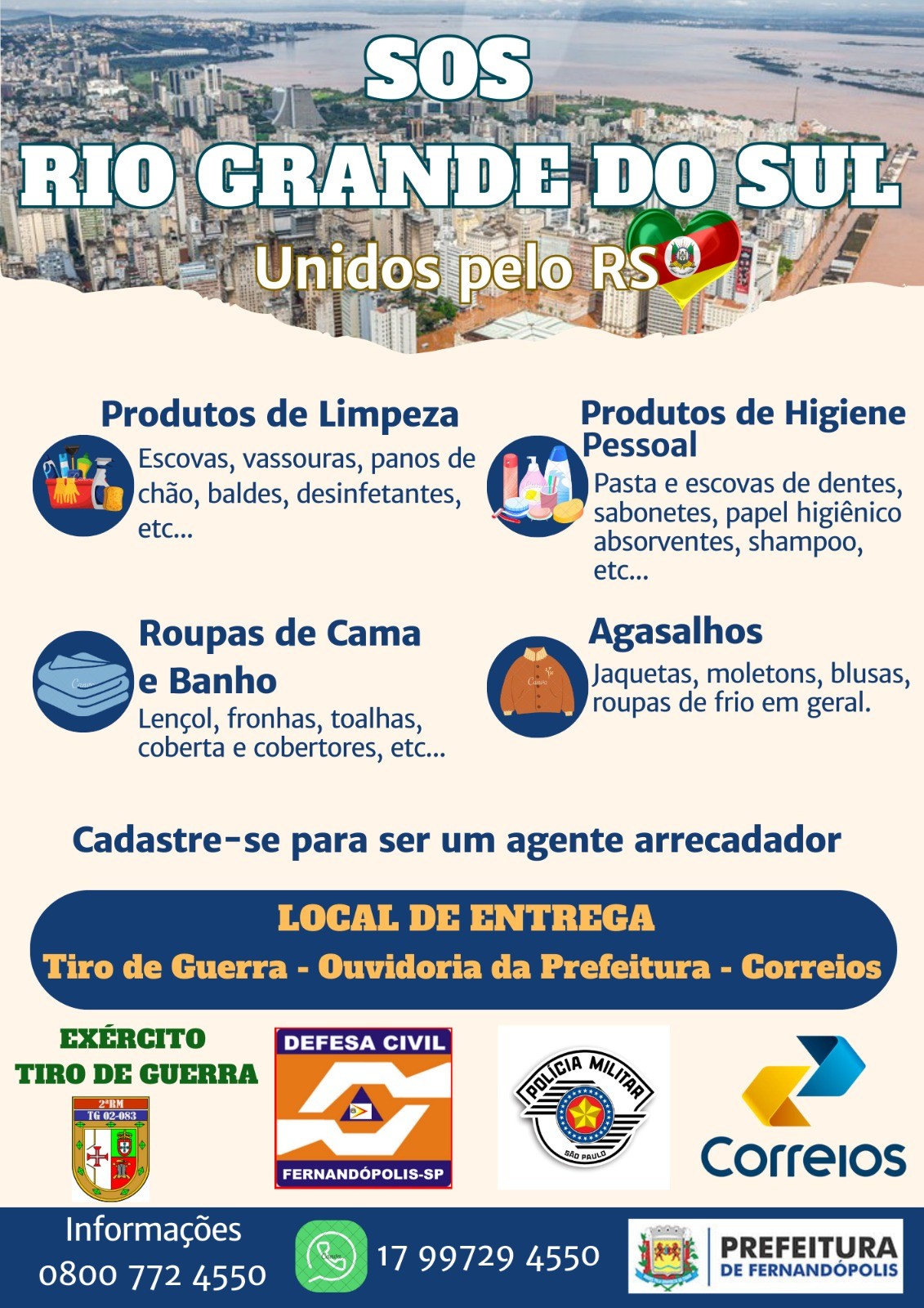 Prefeitura de Fernandópolis - Defesa Civil, PM, Tiro de Guerra e Correios se unem para auxiliar campanhas para o Rio Grande Sul
