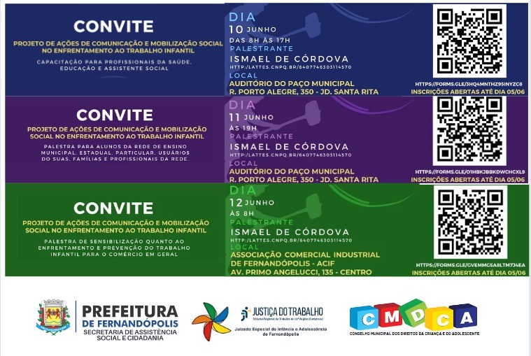 Abertas as inscrições para palestras sobre ‘Mobilização no Enfrentamento ao Trabalho Infantil’