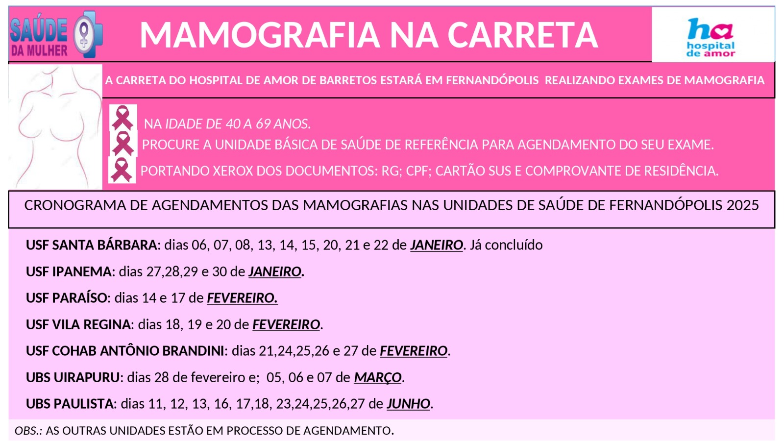 Saúde pede que mulheres não faltem ao exame agendado