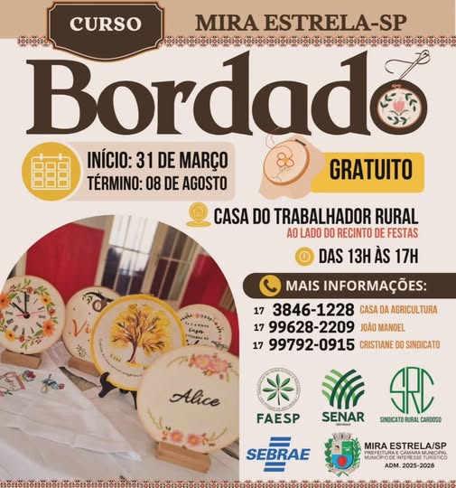 Mira Estrela abre inscrições para Curso de Bordado gratuito