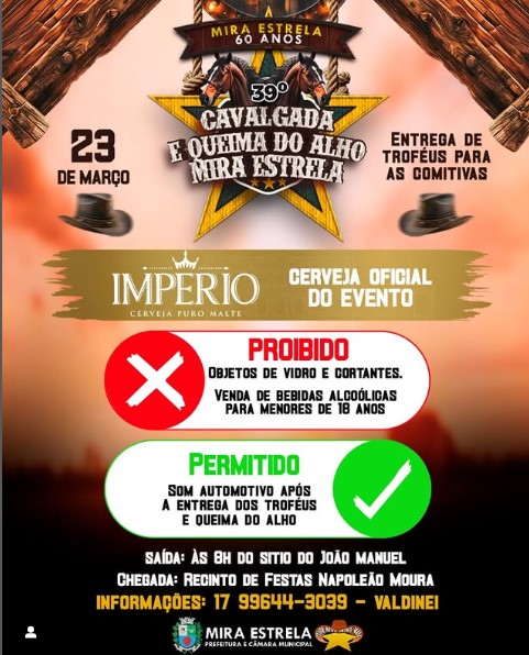 39ª Cavalgada e Queima do Alho de Mira Estrela, acontece neste domingo, 23 de março, em comemoração aos 60 anos da cidade!