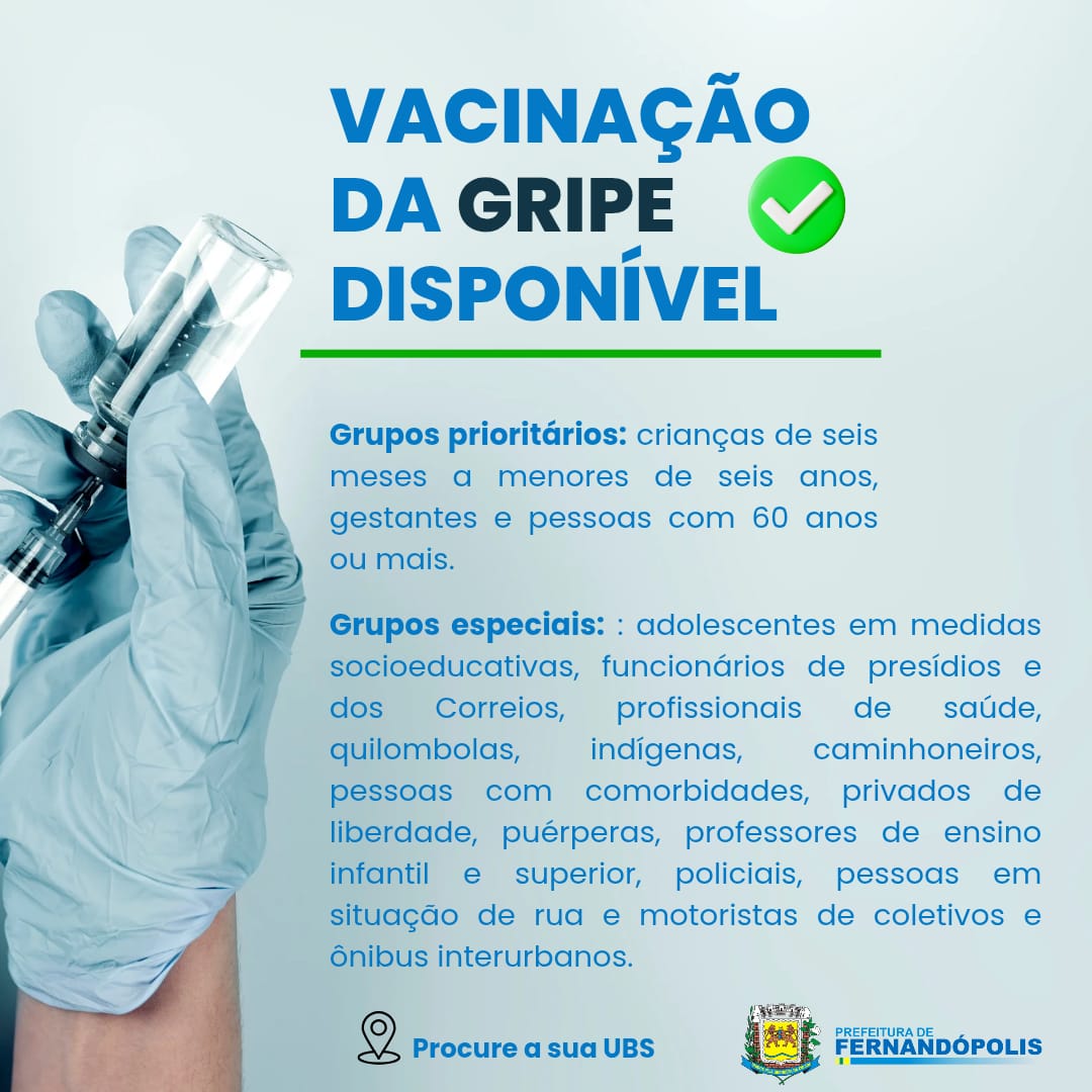 Vacinação contra a gripe está disponível nas UBSs de Fernandópolis