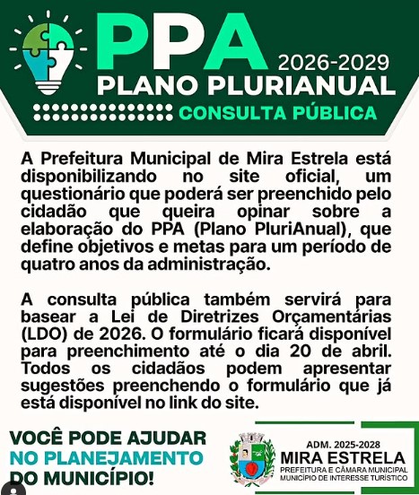 Prefeitura de Mira Estrela disponibiliza no site oficial, questionário para que todo cidadão possa opinar sobre a elaboração do PPA (Plano PluriAnual)