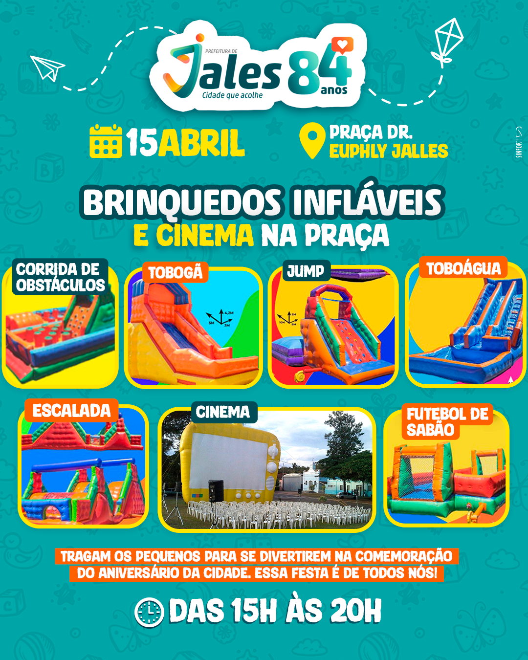 Brinquedos infláveis e Cinema na Praça vão animar o aniversário de 84 anos de Jales no dia 15 de abril