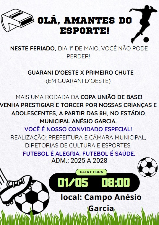 Feriado com Gols e Alegria: Guarani d’Oeste recebe rodada da Copa União de Base