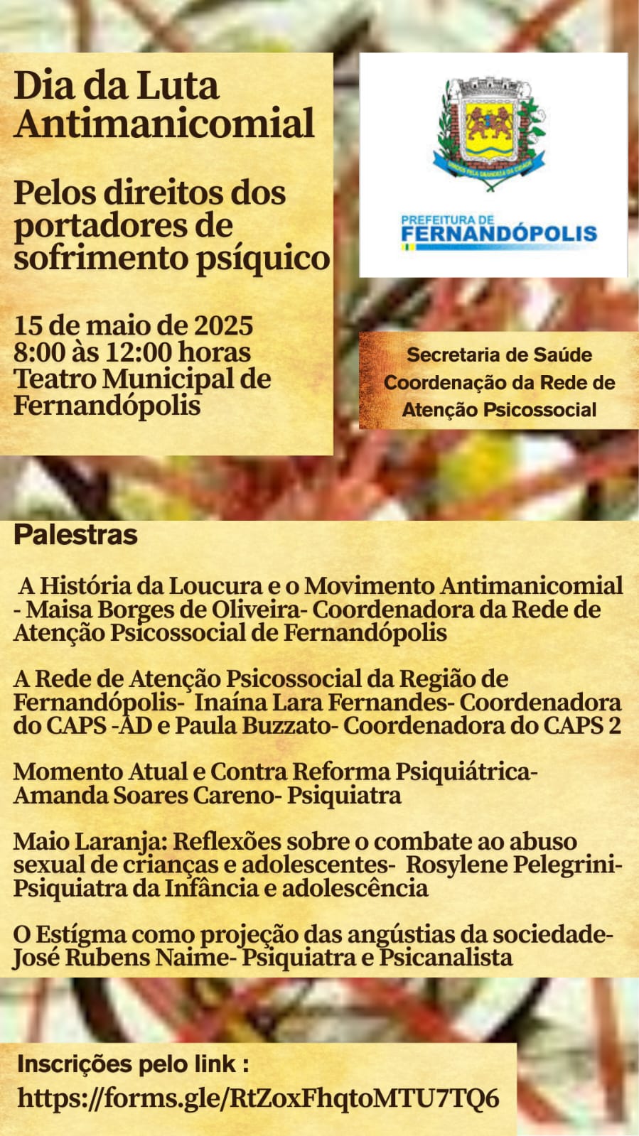 Convite Dia da Luta Antimanicomial: Secretaria Municipal de Saúde promove evento com palestras e certificado gratuito