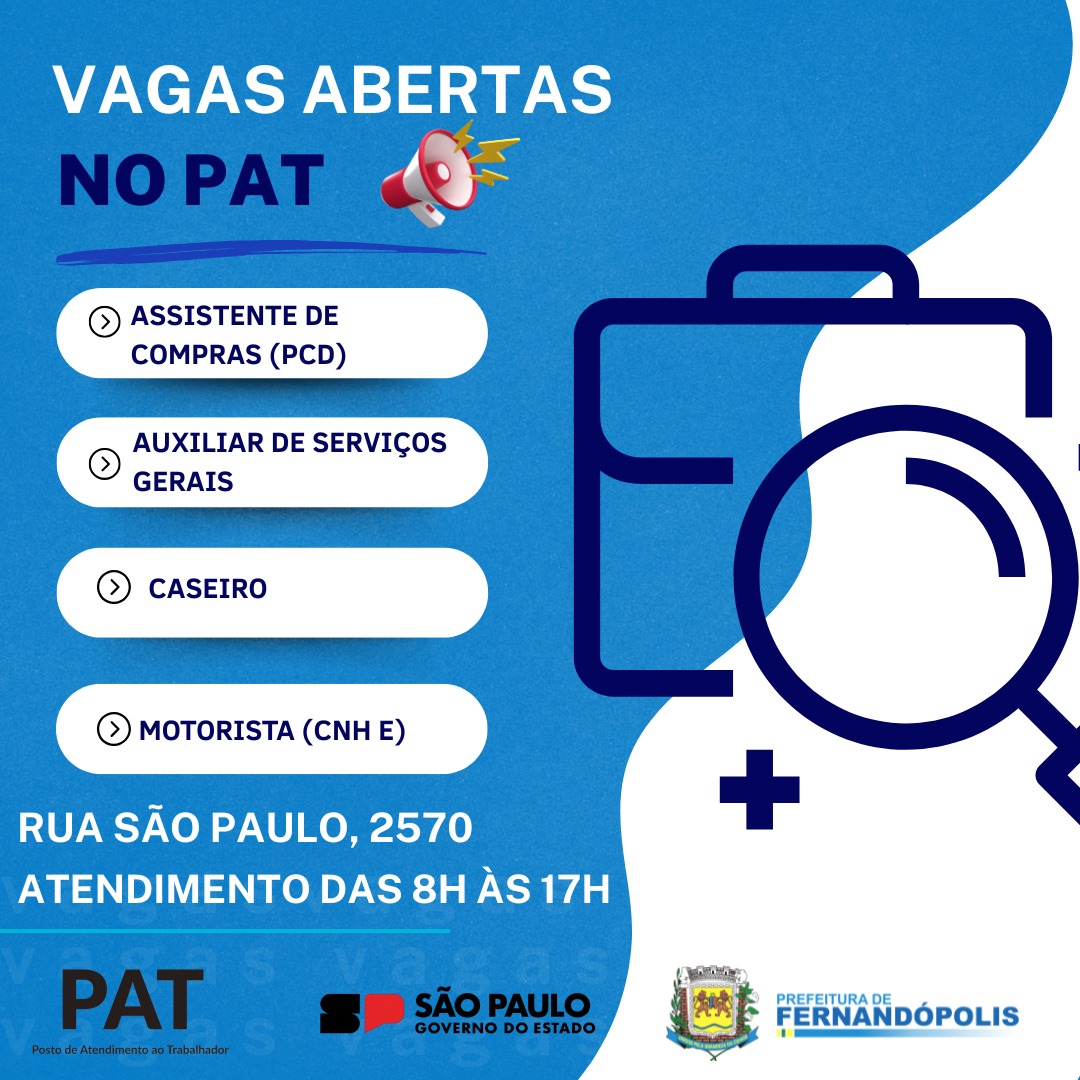 PAT de Fernandópolis divulga novas oportunidades de emprego