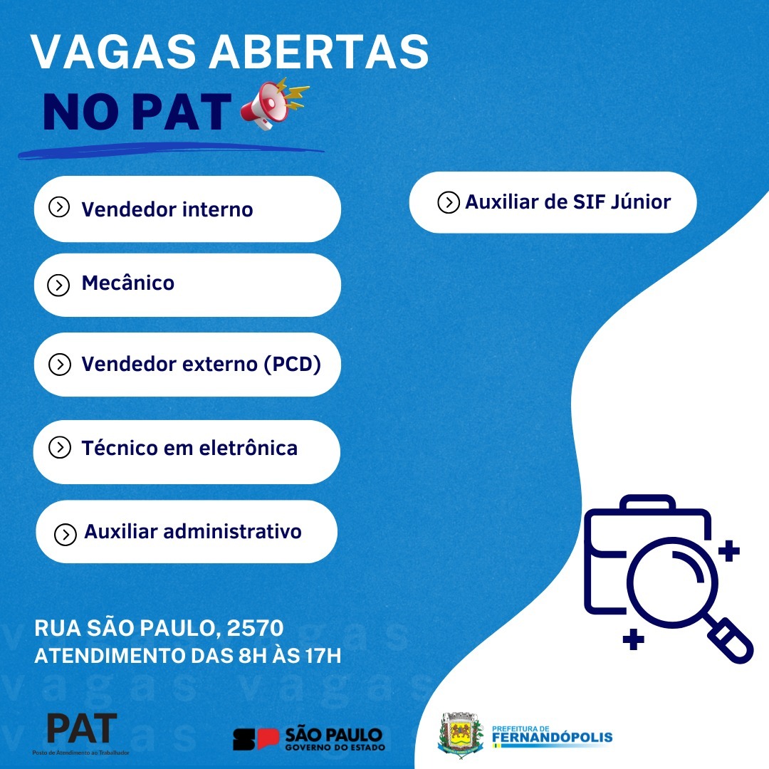 PAT divulga novas oportunidades de emprego
