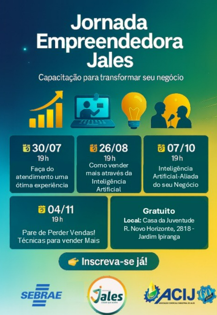 Sebrae-SP promove Jornada Empreendedora gratuita em Jales com foco em vendas e inteligência artificial