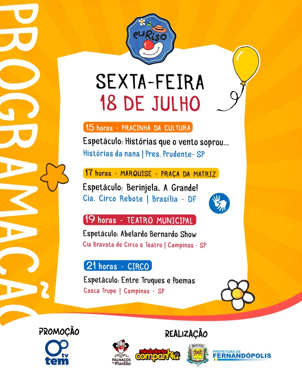 Circo, poesia e gargalhadas seguem encantando Fernandópolis no segundo dia do EuRiso