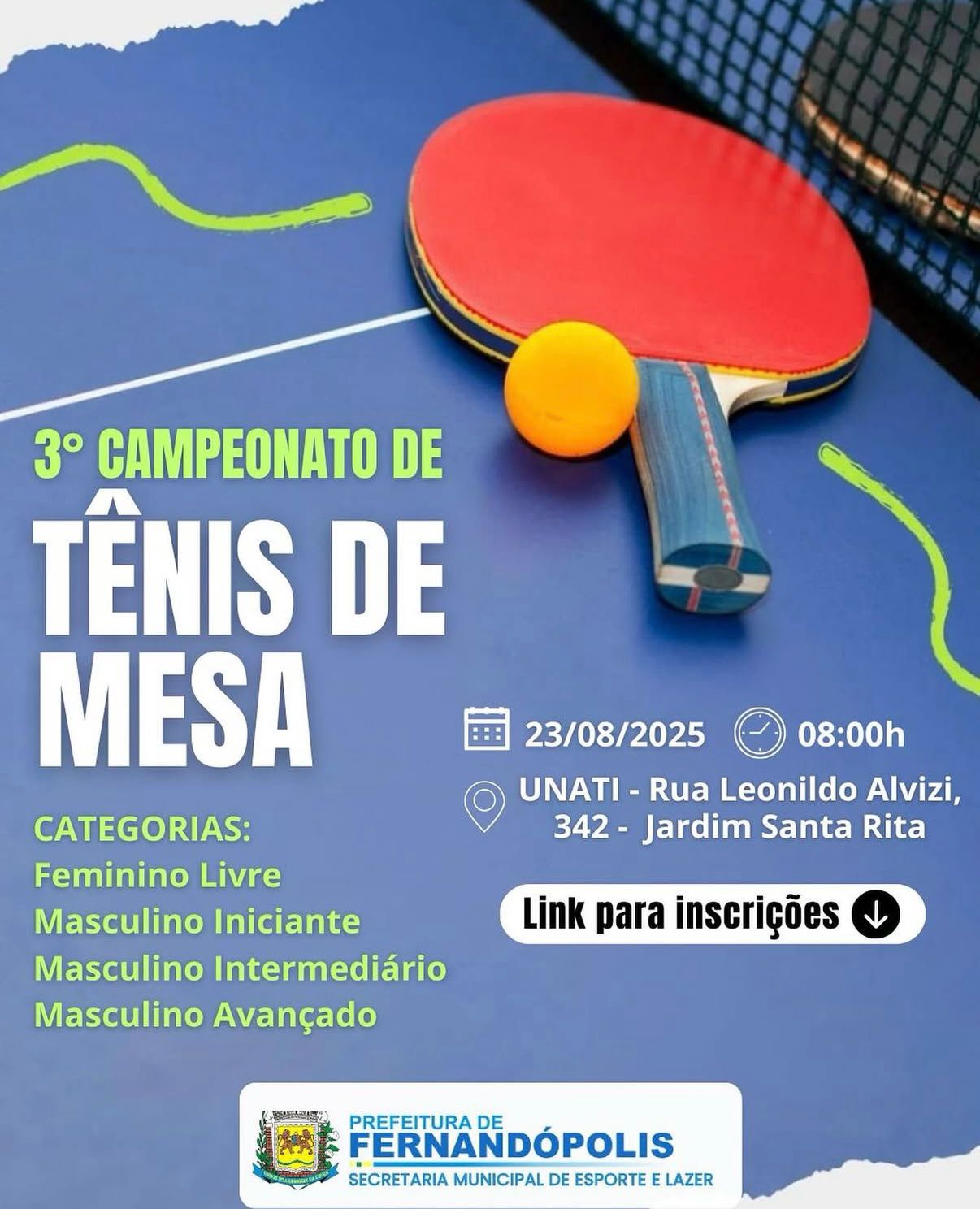Inscrições abertas para o 3° Campeonato de Tênis de Mesa em Fernandópolis
