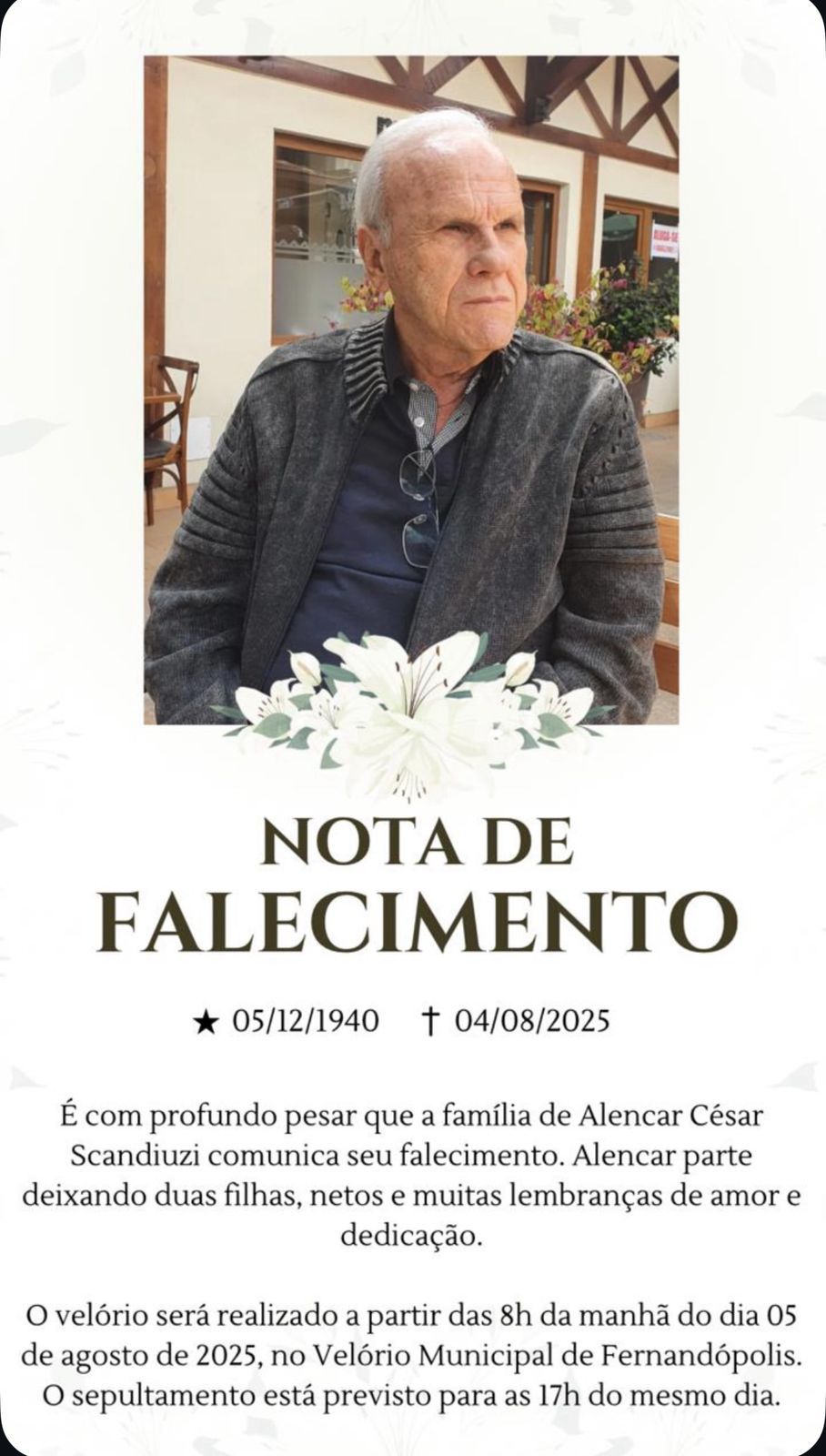 Fernandópolis perde mais um ícone da comunicação, morre, aos 84 anos, Alencar Cesar Scandiuzi, sócio-diretor do Sistema Líder de Comunicação