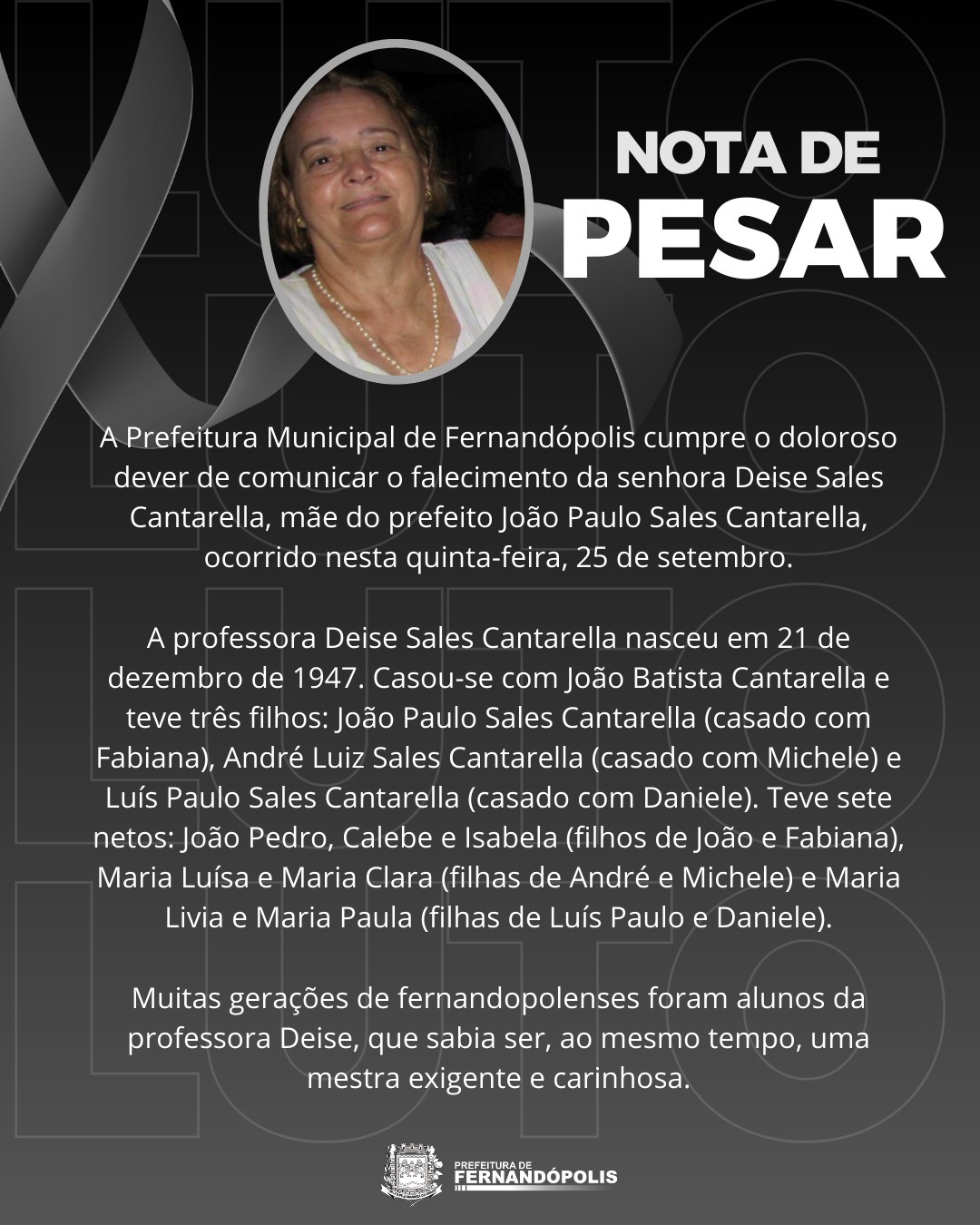 Morre a professora Deize Sales Cantarella, mãe do prefeito de Fernandópolis