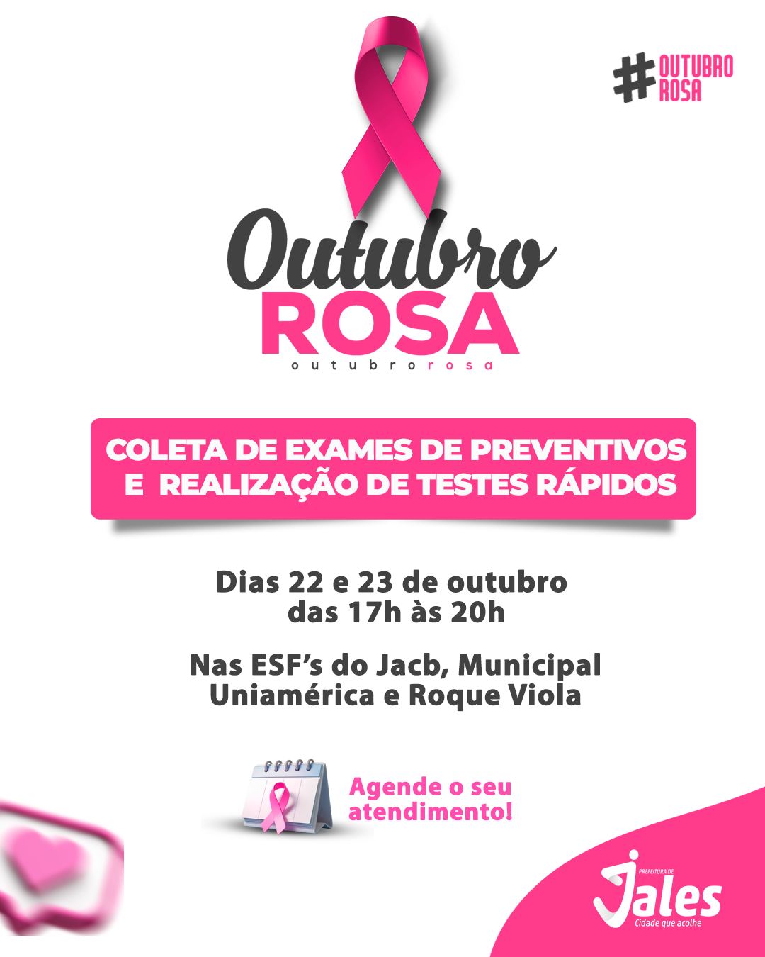 Prefeitura de Jales promoverá ação noturna da Campanha Outubro Rosa com exames preventivos e testes rápidos