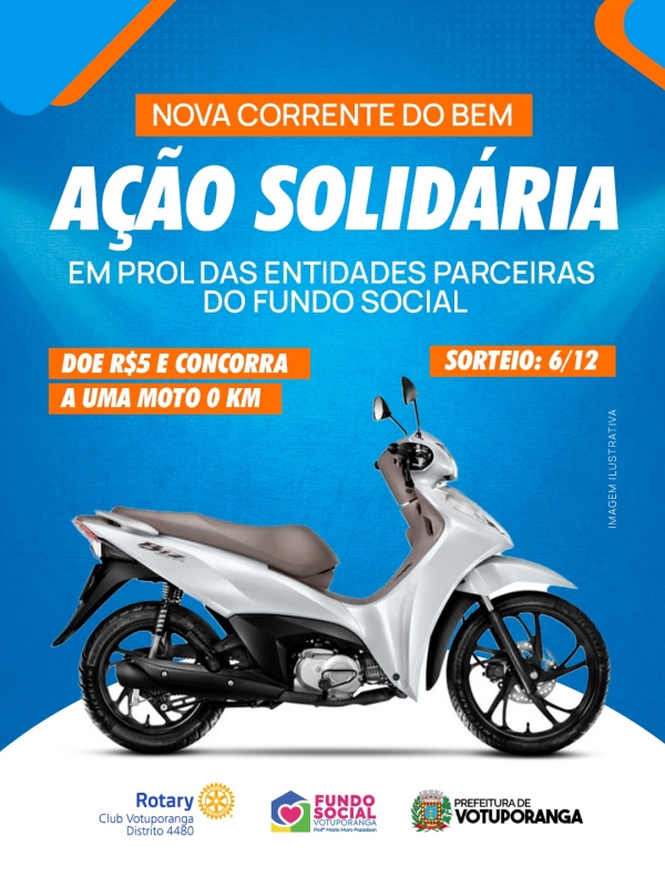 Ação Solidária: Rotary e Fundo Social sortearão moto 0 km em benefício das entidades de Votuporanga