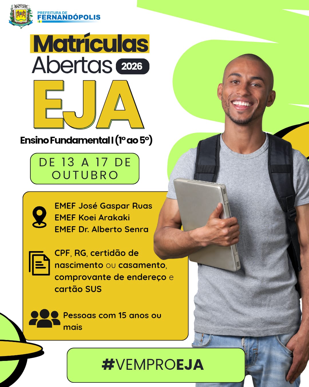 Matrículas para a EJA vão de 13 a 17 de outubro