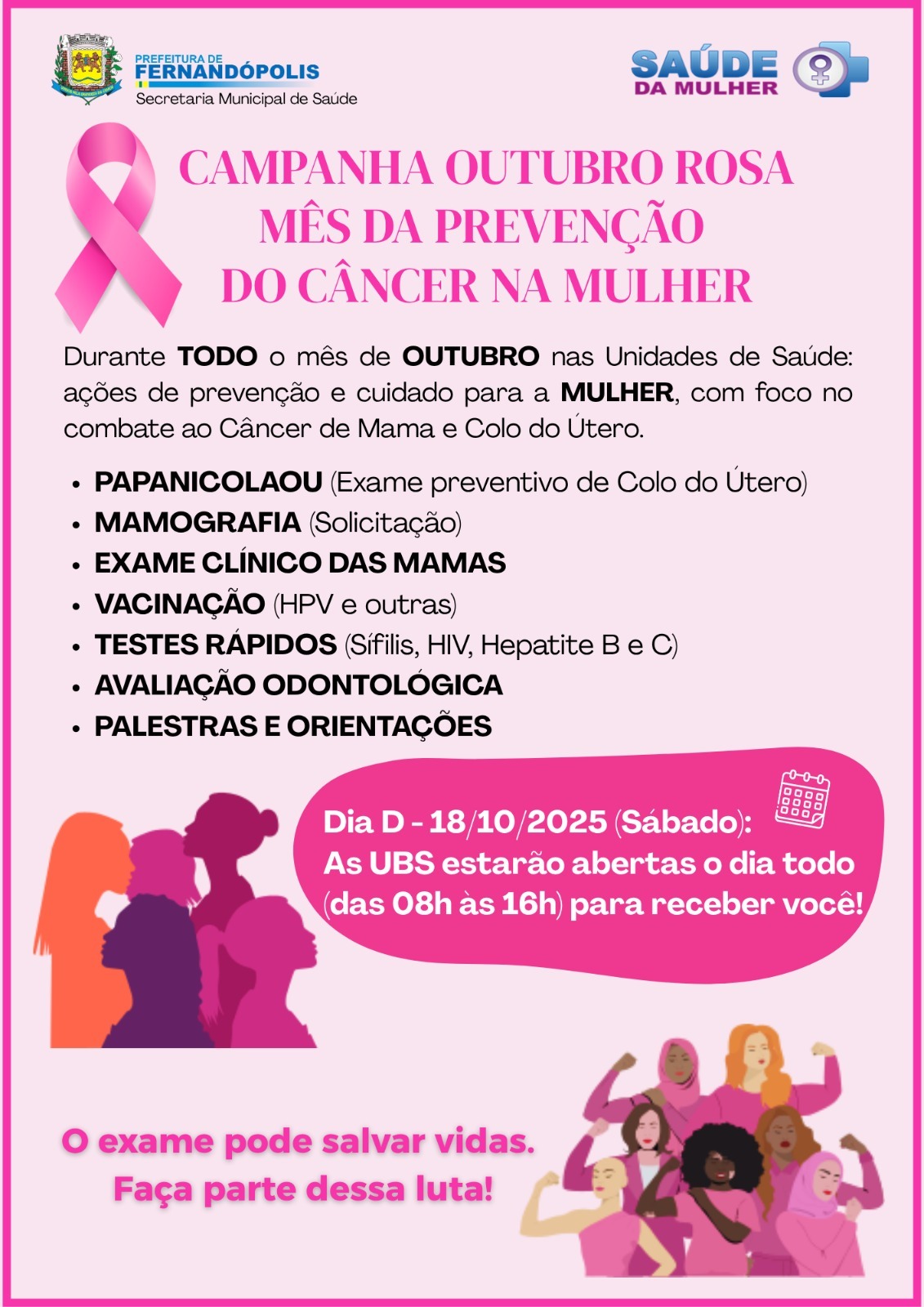 Outubro Rosa: UBSs abrem neste sábado com serviços voltado à saúde da mulher