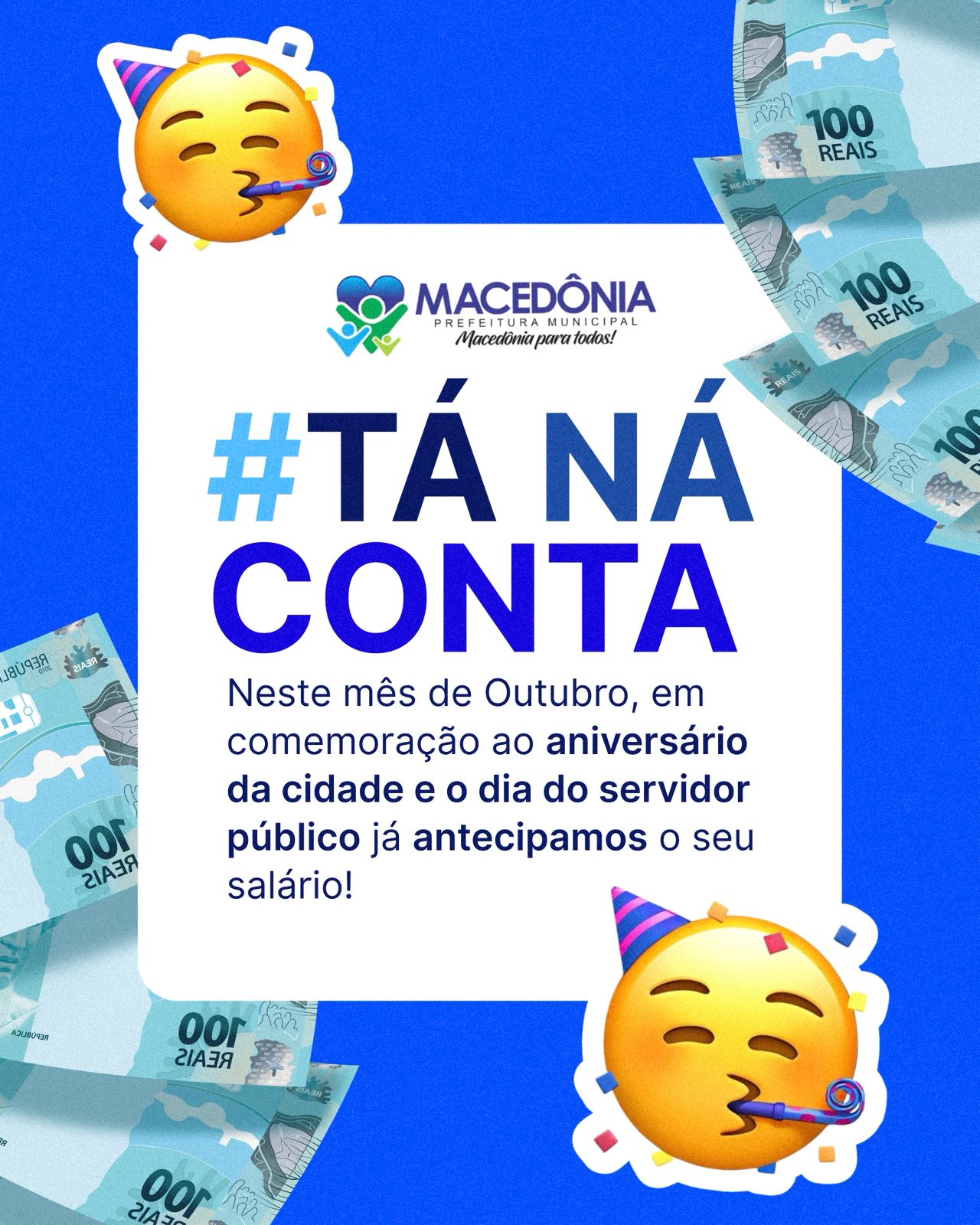 Prefeitura de Macedônia antecipa salário dos servidores em comemoração ao Dia do Servidor Público e ao aniversário da cidade