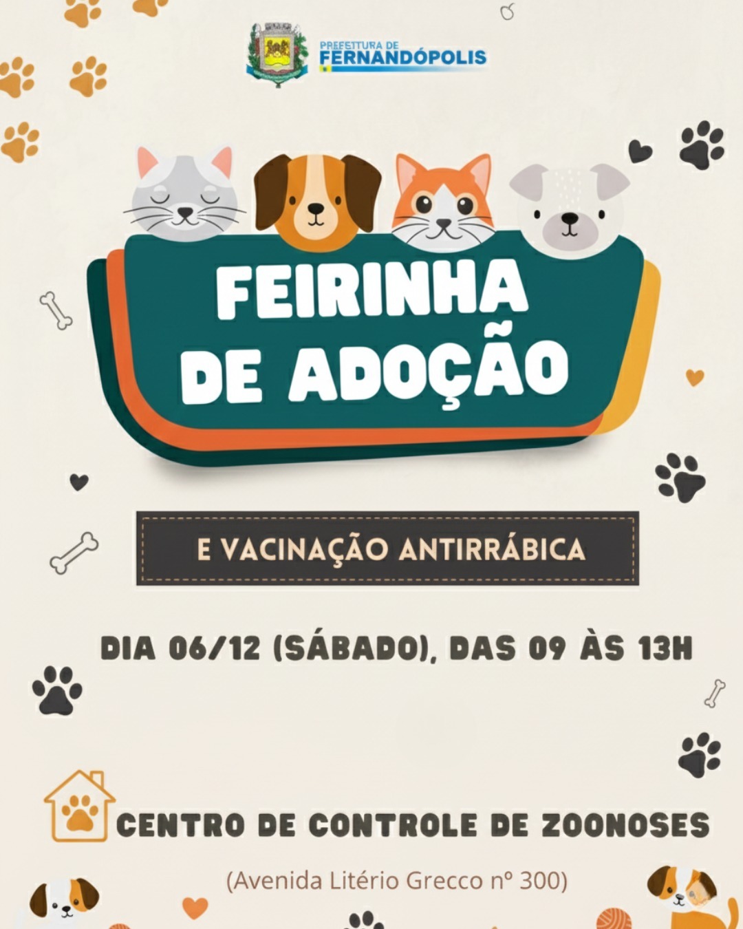 CCZ promove vacinação e campanha de adoção de animais no sábado, 6