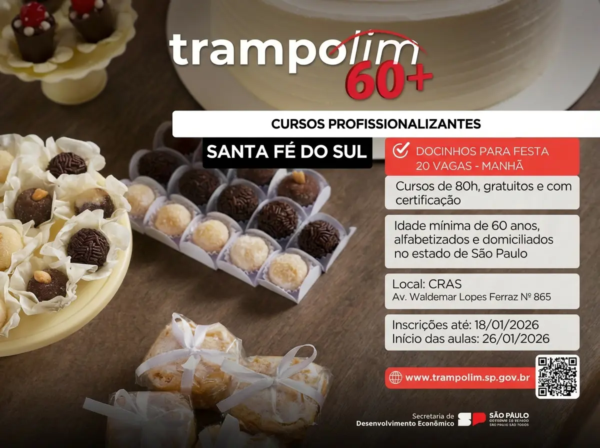 Fundo Social de Solidariedade abre inscrições para curso de Docinhos para Festa em parceria com o Programa Trampolim 60+