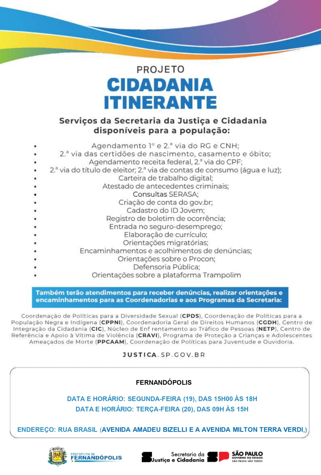 Fernandópolis receberá Cidadania Itinerante nos dias 19 e 20 de fevereiro