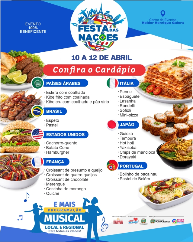 Cardápio da Festa das Nações já está disponível nos canais oficiais da Prefeitura de Votuporanga