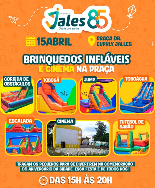 Diversão garantida com brinquedos infláveis e cinema ao ar livre marcarão os 85 anos de Jales no dia 15 de abril