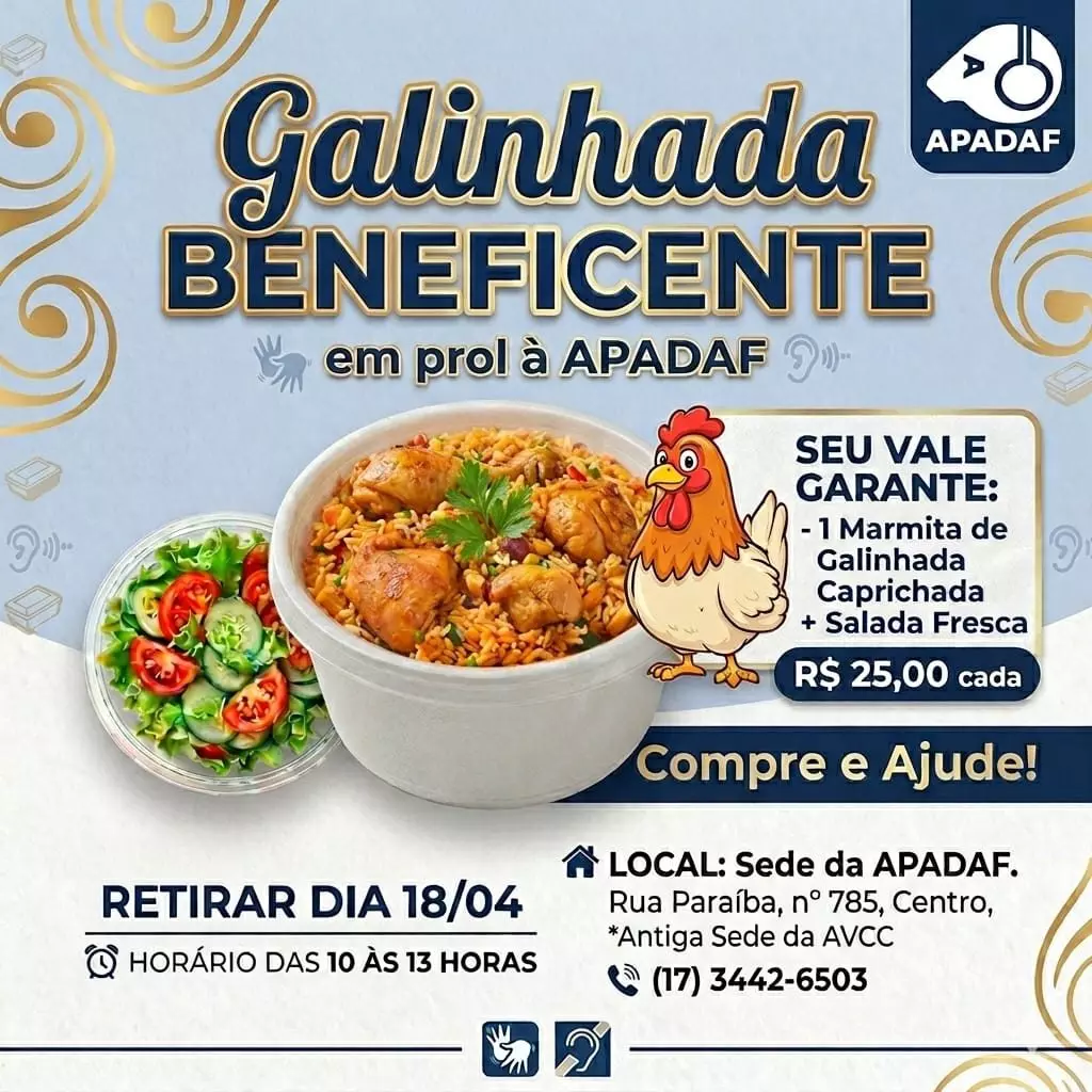 APADAF de Fernandópolis promove galinhada beneficente para apoiar pessoas com deficiência auditiva