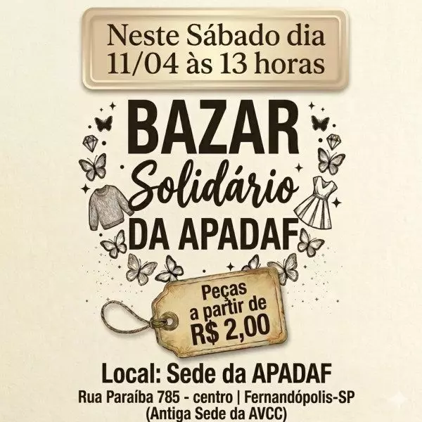 APADAF realiza bazar beneficente com peças a partir de R$ 2 em Fernandópolis