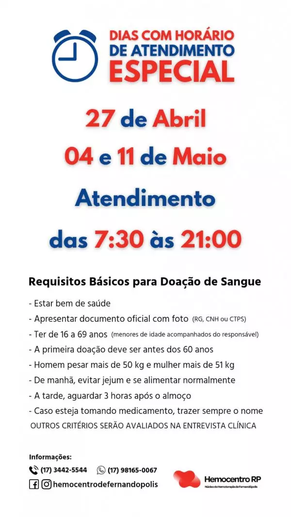 Hemocentro de Fernandópolis amplia horário de atendimento para reforçar estoques de sangue