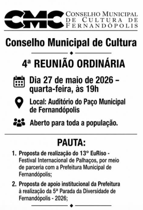 Reunião do Conselho Municipal de Cultura discutirá o 13ª EuRiso e 5ª Parada da Diversidade em 2026