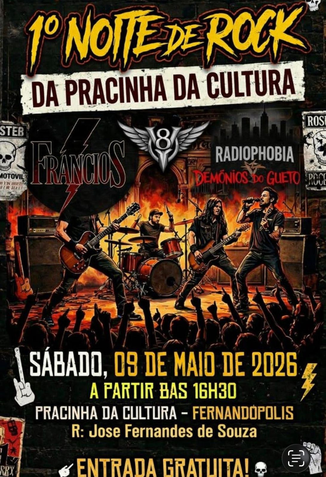 Pracinha da Cultura recebe 1ª Noite de Rock neste sábado em Fernandópolis