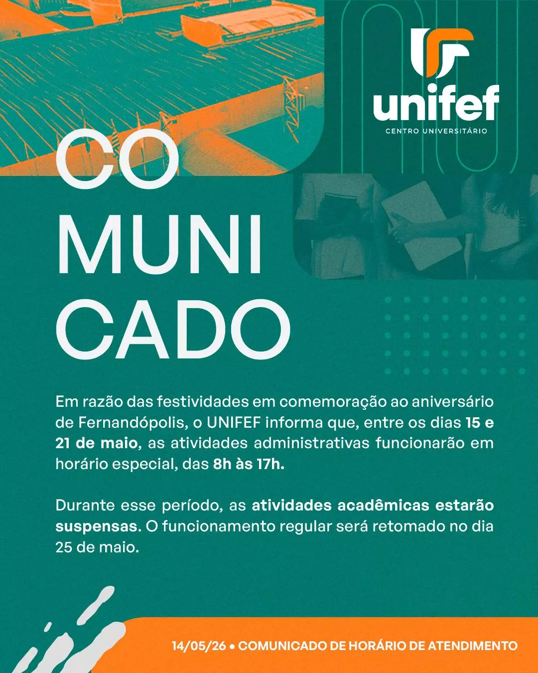 UNIFEF altera horário de atendimento e suspende aulas durante aniversário de Fernandópolis