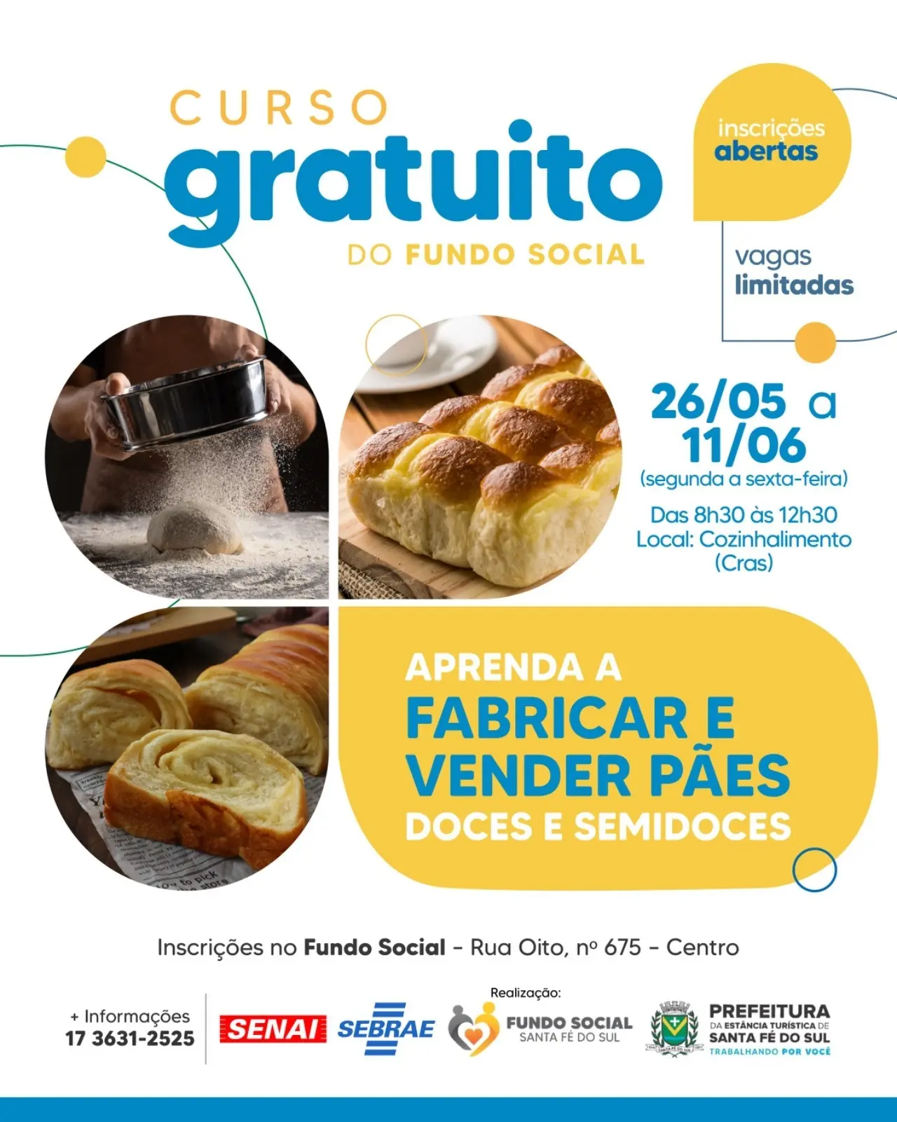 Fundo Social abre inscrições para curso gratuito de fabricação de pães doces e semidoces