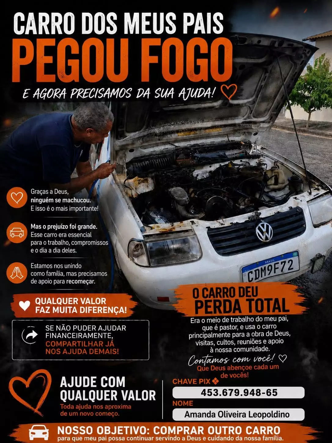 Família mobiliza campanha solidária após carro de pastor de Fernandópolis sofrer perda total em incêndio