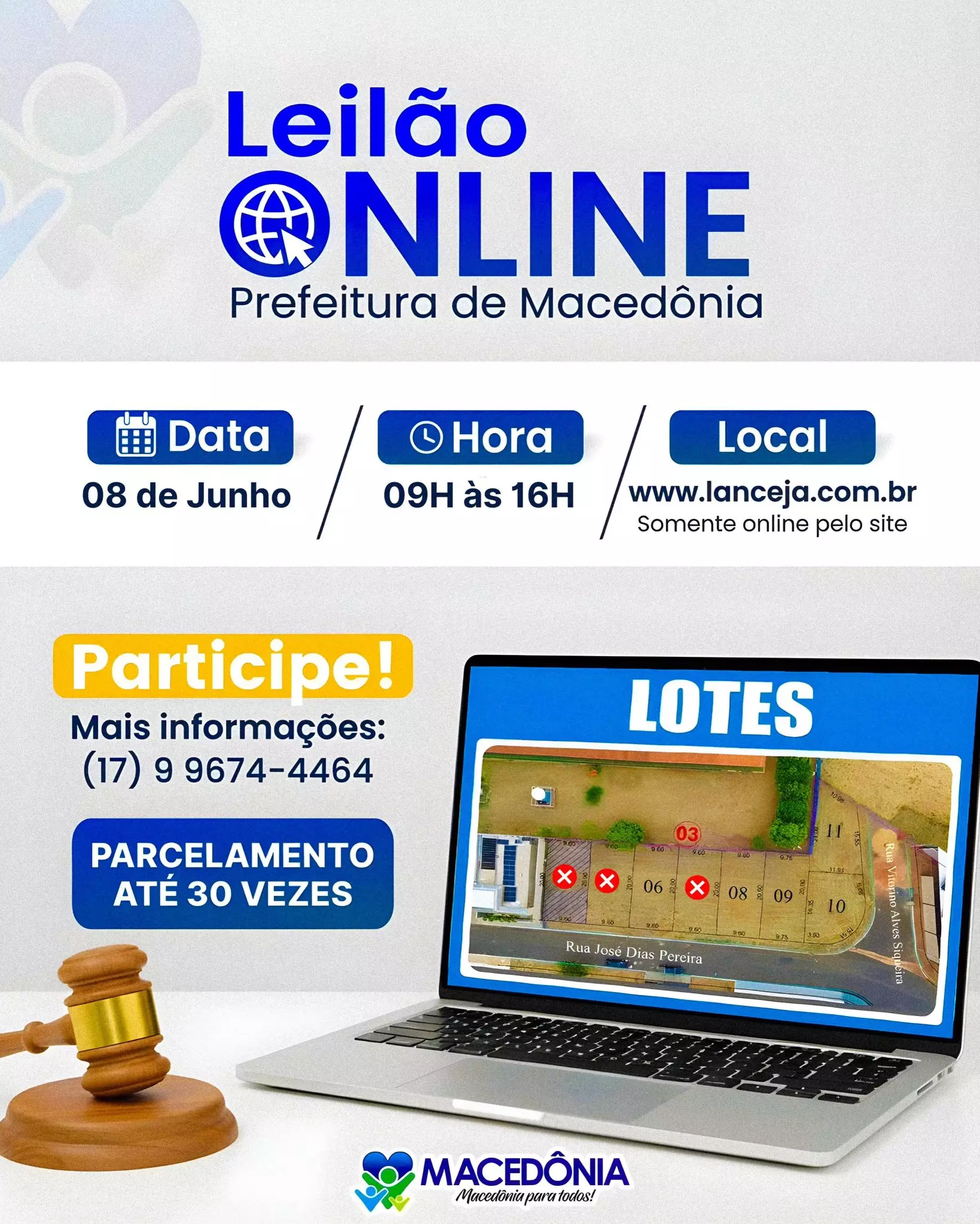 Prefeitura de Macedônia abre cadastro para novo leilão online com parcelamento em até 30 vezes