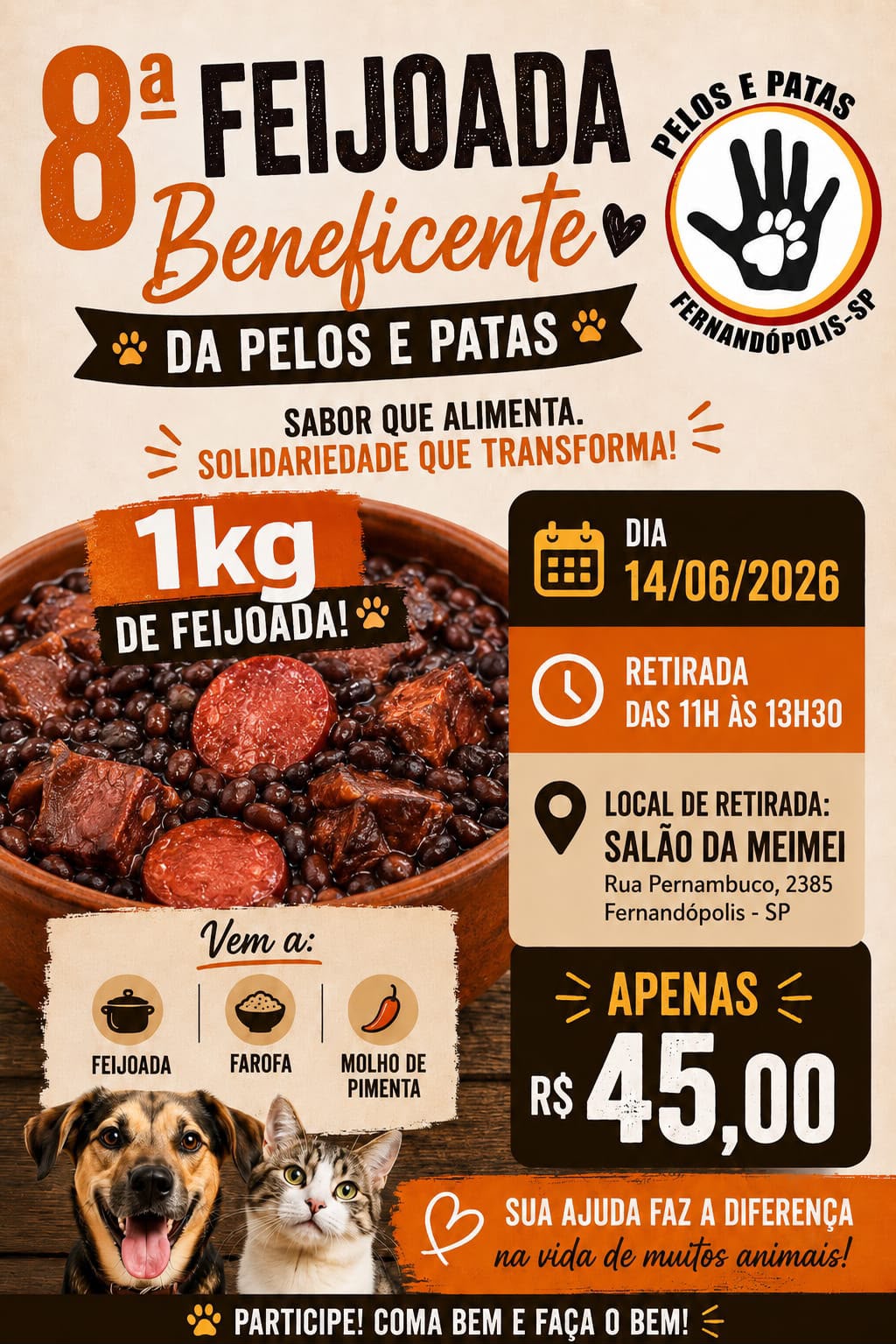 8ª Feijoada Beneficente da Pelos e Patas será realizada no dia 14 de junho em Fernandópolis