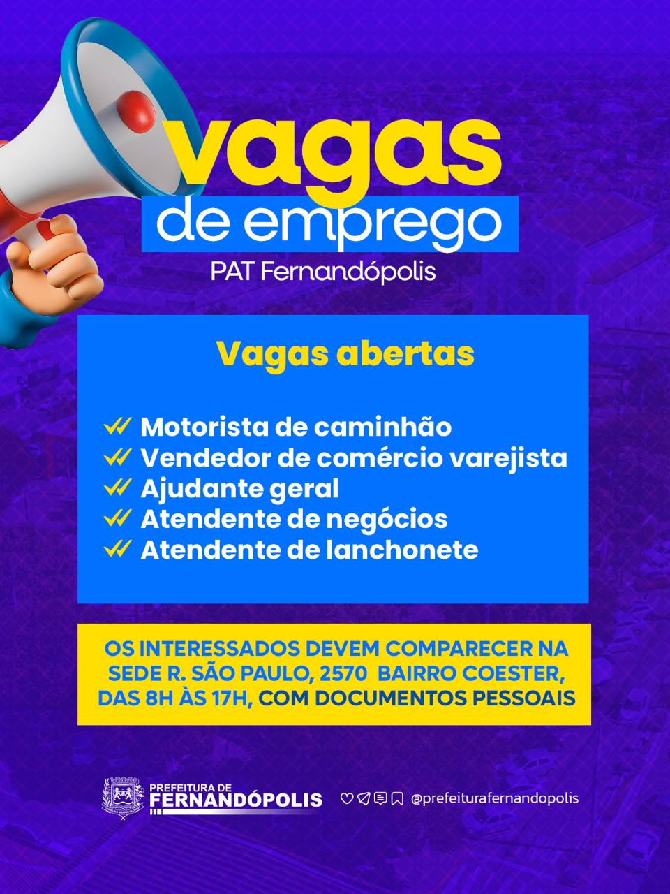 PAT divulga novas vagas de emprego em Fernandópolis