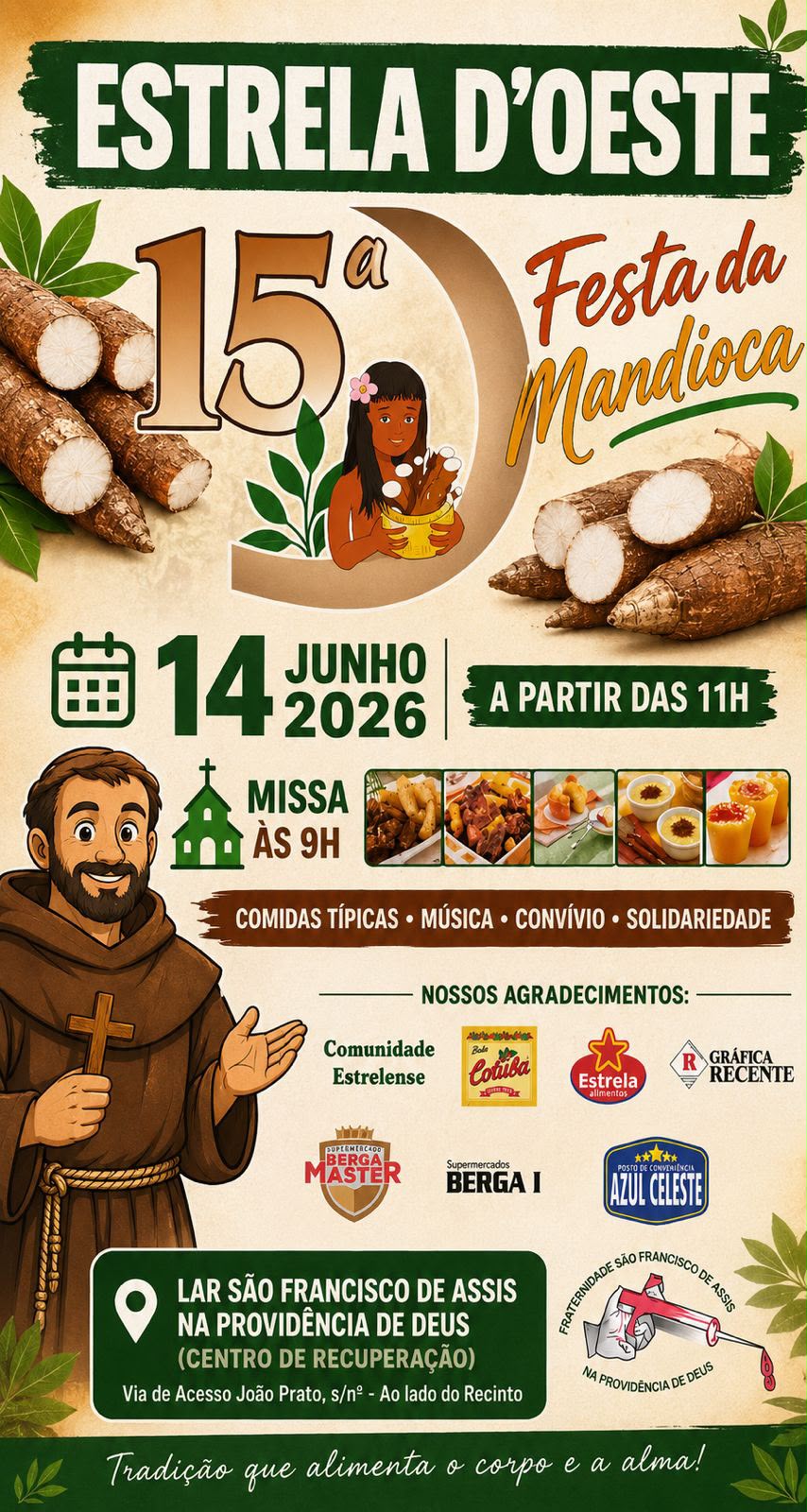 15ª Festa da Mandioca de Estrela d’Oeste acontece neste domingo com missa, comidas típicas e confraternização