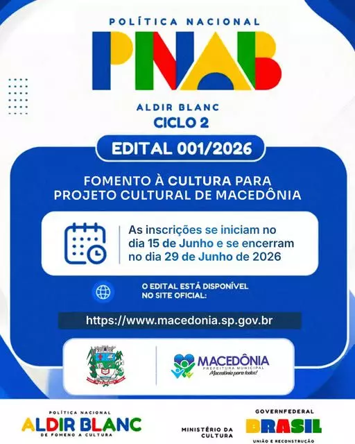 Prefeitura de Macedônia abre inscrições para novos projetos culturais da Lei Aldir Blanc