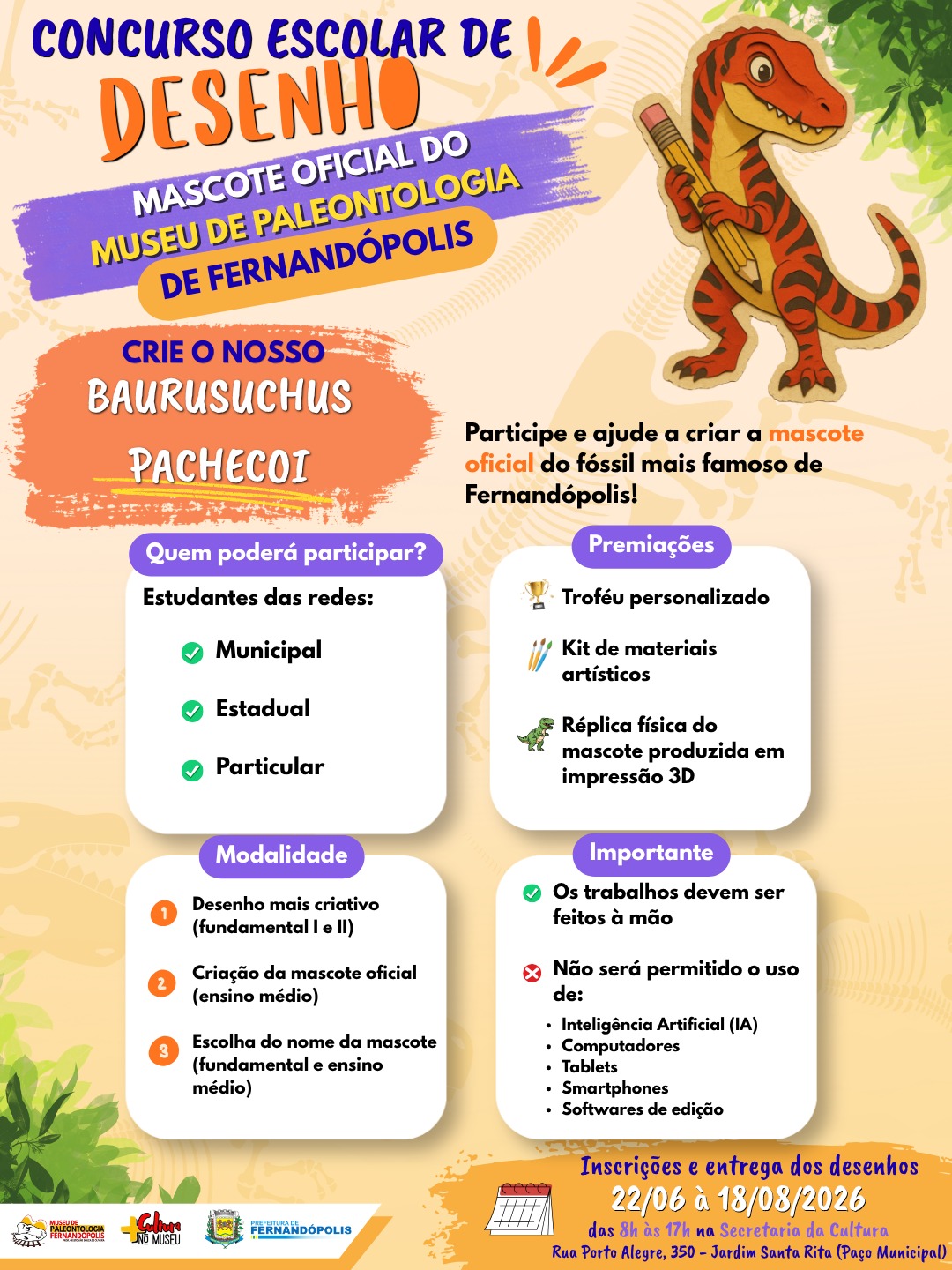 Concurso escolar escolherá mascote do Museu de Paleontologia
