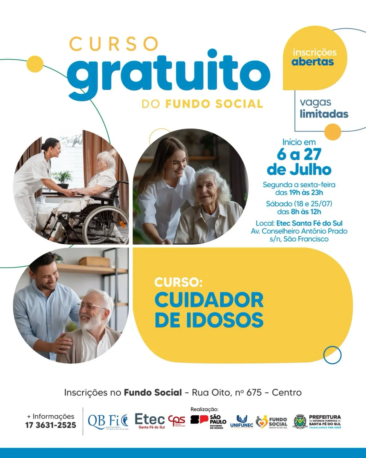Fundo Social e Etec abrem inscrições para curso gratuito de Cuidador de Idosos em Santa Fé do Sul