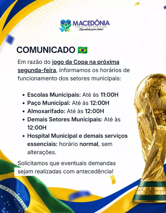 Jogo da Seleção altera horário de repartições públicas em Macedônia na próxima segunda-feira