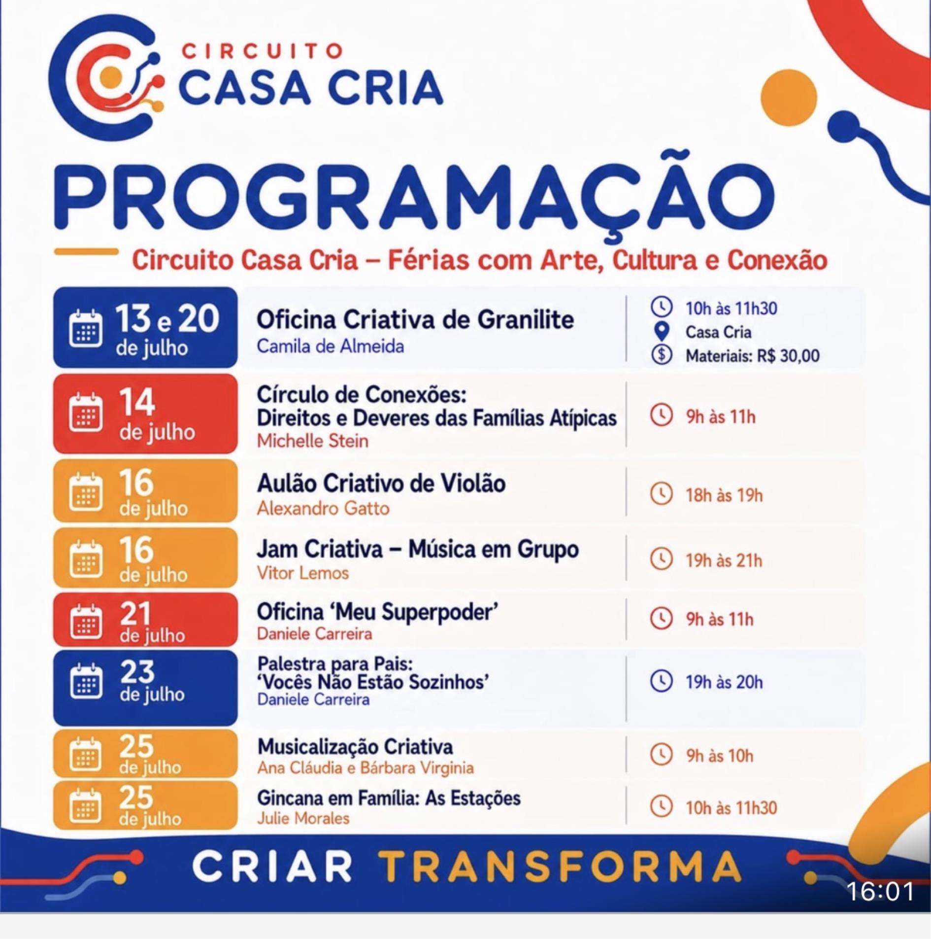 Circuito Casa Cria promove programação de férias com arte, música, cultura e inclusão em Fernandópolis