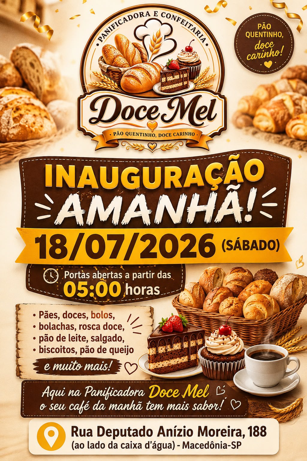 Panificadora Doce Mel será inaugurada neste sábado em Macedônia com café da manhã especial e grande variedade de produtos