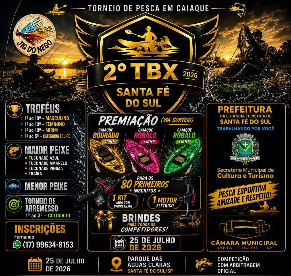 Santa Fé do Sul sediará 2º TBX - Torneio de Pesca em Caiaque no Parque das Águas Claras