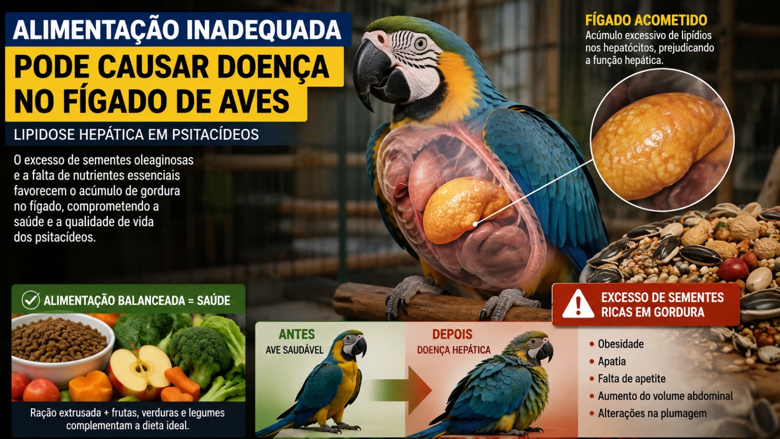 LIPIDOSE HEPÁTICA EM PSITACÍDEOS - Uma alimentação inadequada, pode causar doença no fígado da sua ave.