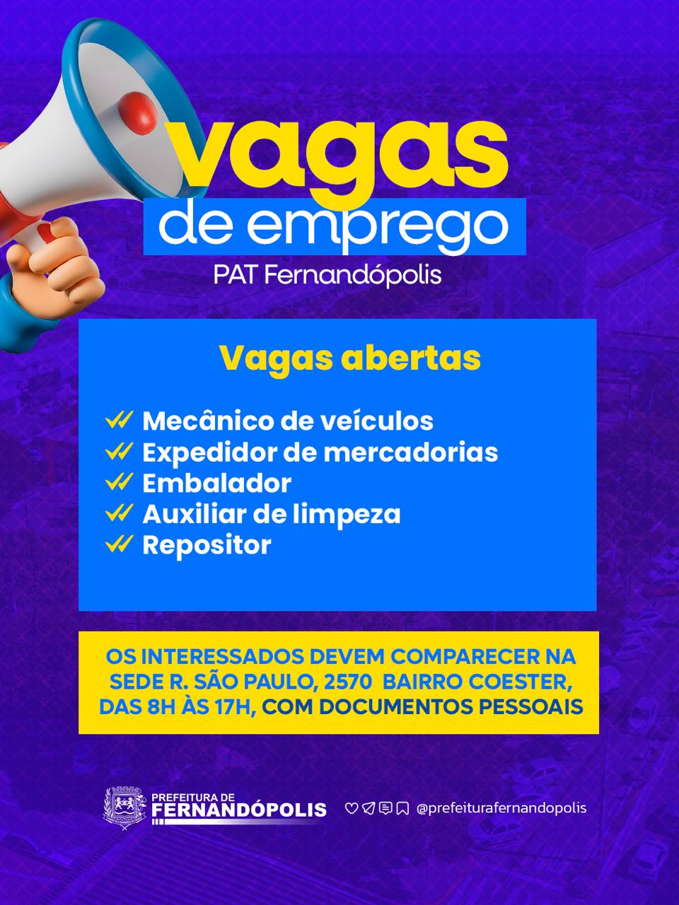 PAT de Fernandópolis oferece vagas de emprego