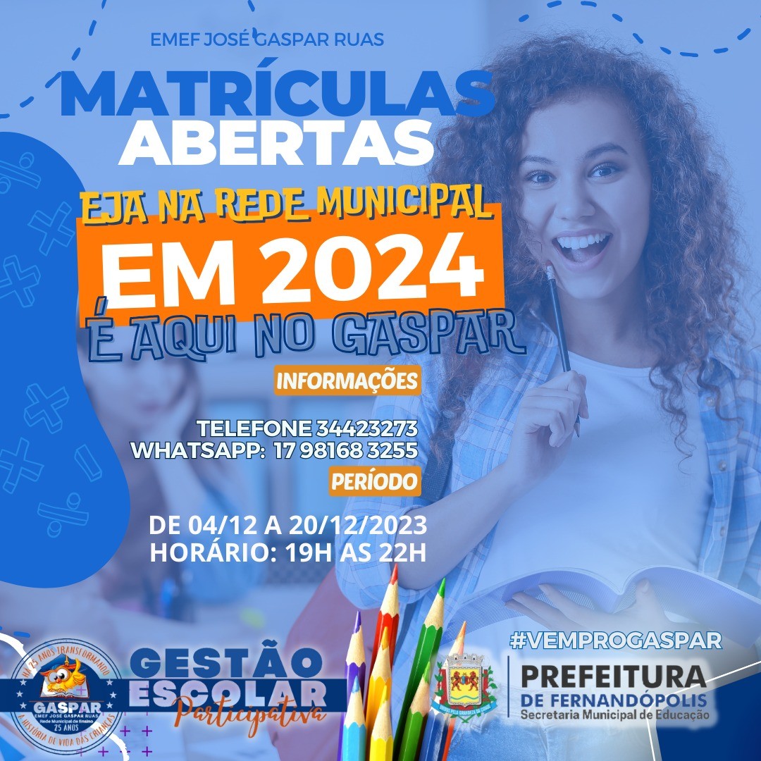 EJA na rede municipal: escola Gaspar Ruas está com matrículas abertas